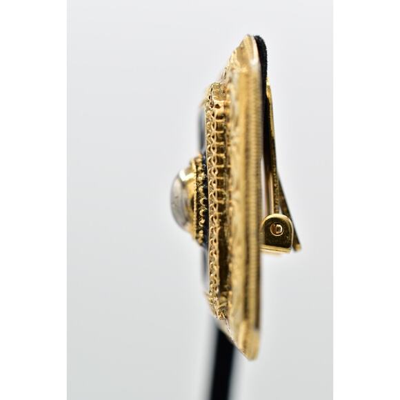 1928 Vintage Clip On Earrings Antiqued Gold Black Enamel Chunky Rectangle BinAZ - Picture 11 of 12